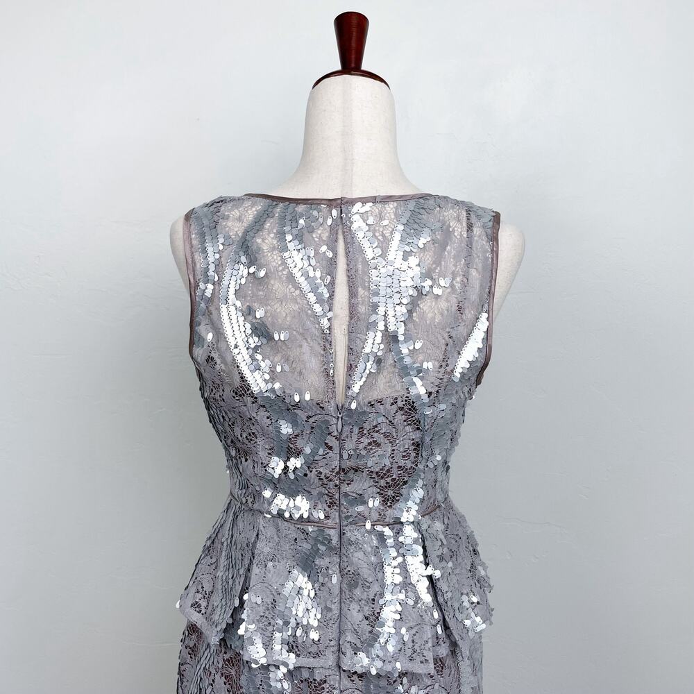Adrianna Papell Silver Sequin Lace Sleeveless Peplum Sheath Pencil Dress SIZE 6 - Picture 6 of 10